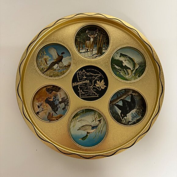 Minnesota Wildlife Souvenir Goldtone Metal Drink Serving Tray Vintage - Picture 1 of 5